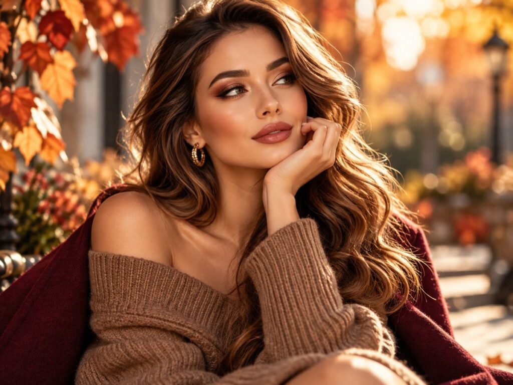 Herbstfrisuren mit langen, weich gewellten Haaren und warmem Herbst-Look