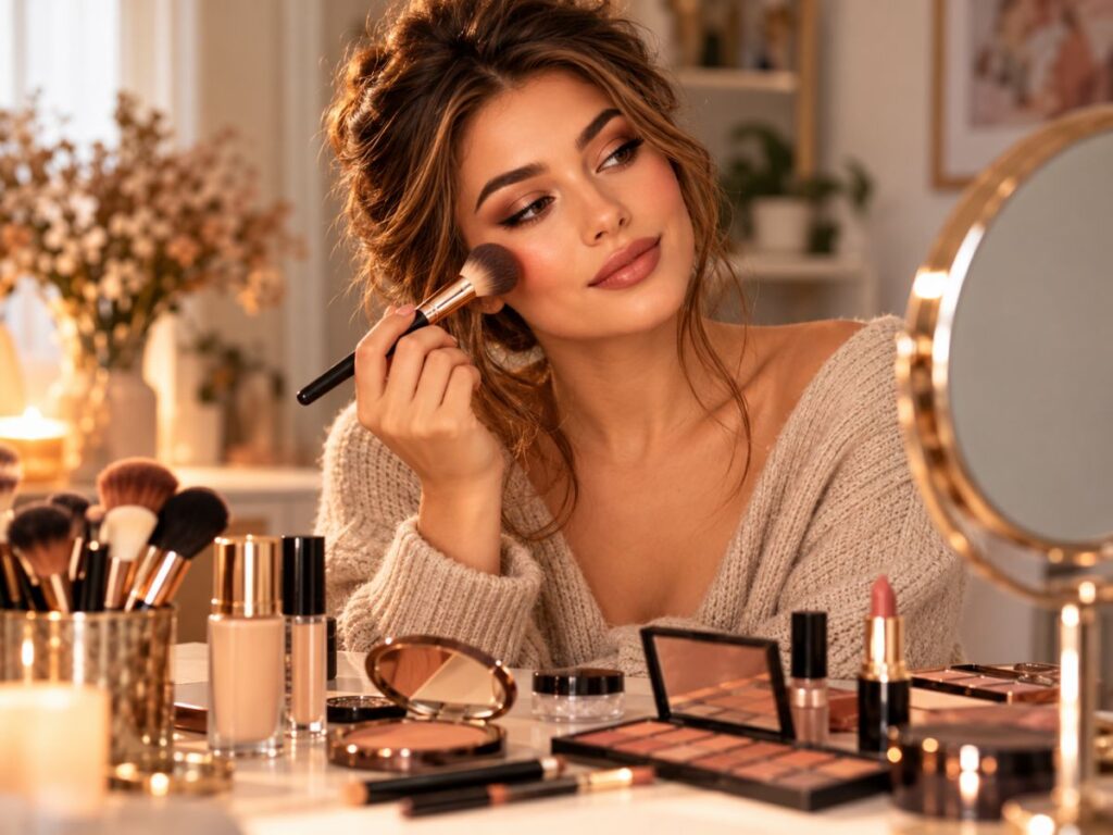Make-up für Anfänger beim Schminken mit Pinsel und verschiedenen Produkten